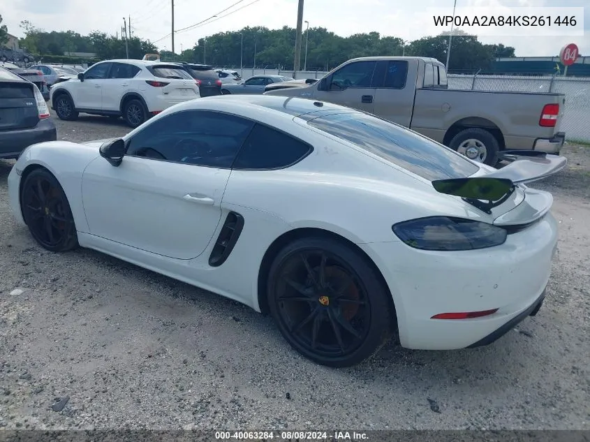 2019 Porsche 718 Cayman VIN: WP0AA2A84KS261446 Lot: 40063284