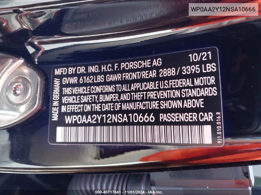 2022 Porsche Taycan VIN: WP0AA2Y12NSA10666 Lot: 40717641