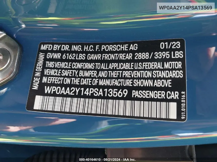 2023 Porsche Taycan VIN: WP0AA2Y14PSA13569 Lot: 40164610