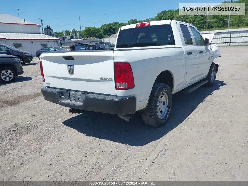 2019 Ram 1500 Classic Tradesman Quad Cab 4X4 6'4 Box VIN: 1C6RR7FT7KS680257 Lot: 39620159