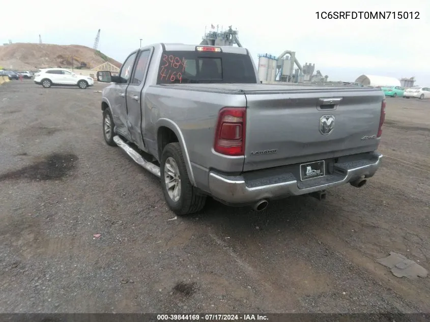 2021 Ram 1500 Laramie Quad Cab 4X4 6'4 Box VIN: 1C6SRFDT0MN715012 Lot: 39844169