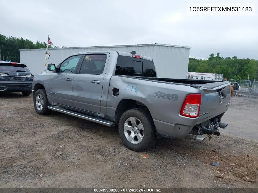 2021 Ram 1500 Big Horn 4X4 5'7 Box VIN: 1C6SRFFTXMN531483 Lot: 39938200