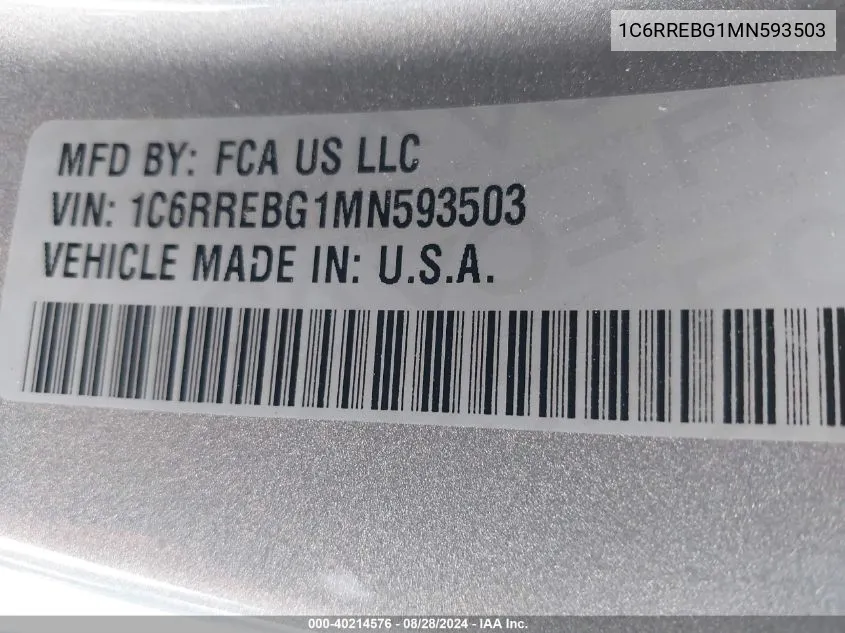 2021 Ram 1500 Big Horn Quad Cab 4X2 6'4 Box VIN: 1C6RREBG1MN593503 Lot: 40214576