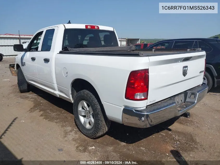 2021 Ram 1500 Classic Tradesman Quad Cab 4X4 6'4 Box VIN: 1C6RR7FG1MS526343 Lot: 40263405