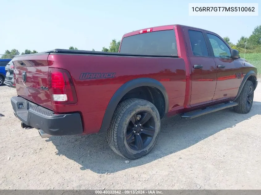 2021 Ram 1500 Classic Warlock Quad Cab 4X4 6'4 Box VIN: 1C6RR7GT7MS510062 Lot: 40332842