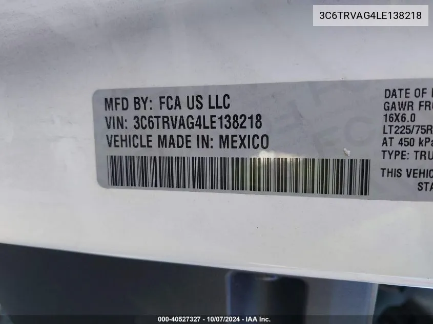 2020 Ram Promaster 1500 Low Roof 136 Wb VIN: 3C6TRVAG4LE138218 Lot: 40527327