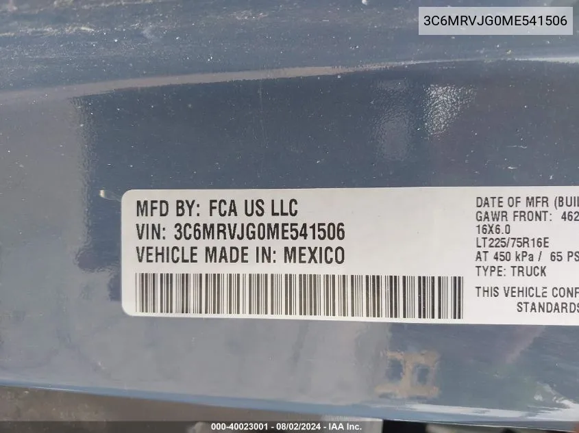 2021 Ram Promaster 3500 Cargo Van High Roof 159 Wb Ext VIN: 3C6MRVJG0ME541506 Lot: 40023001