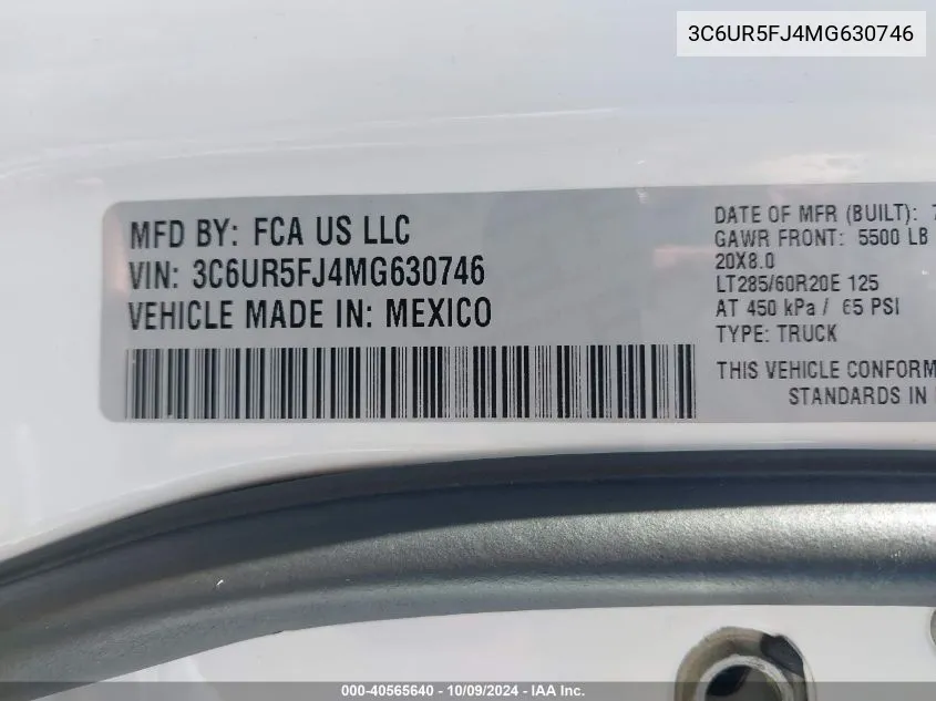 2021 Ram 2500 Laramie 4X4 6'4 Box VIN: 3C6UR5FJ4MG630746 Lot: 40565640