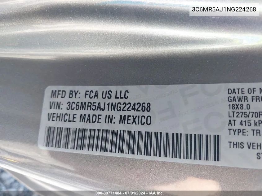 2022 Ram 2500 Tradesman Regular Cab 4X4 8' Box VIN: 3C6MR5AJ1NG224268 Lot: 39771484