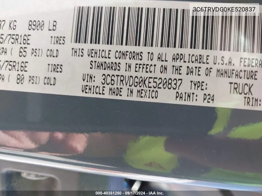 3C6TRVDG0KE520837 2019 Ram Promaster 2500 High Roof 159 Wb