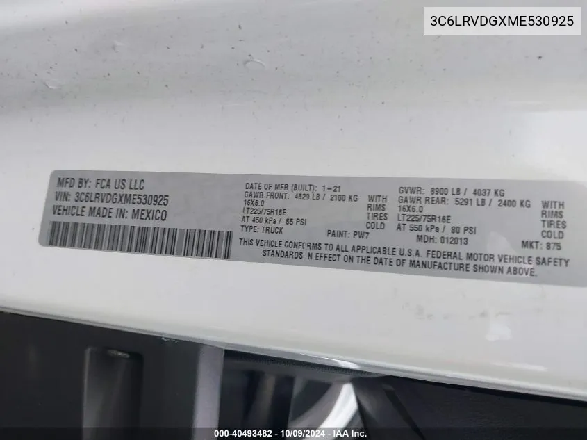 2021 Ram Promaster 2500 High Roof 159 Wb VIN: 3C6LRVDGXME530925 Lot: 40493482