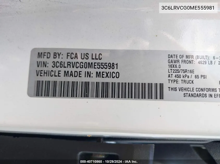 2021 Ram Promaster 2500 High Roof 136 Wb VIN: 3C6LRVCG0ME555981 Lot: 40710865