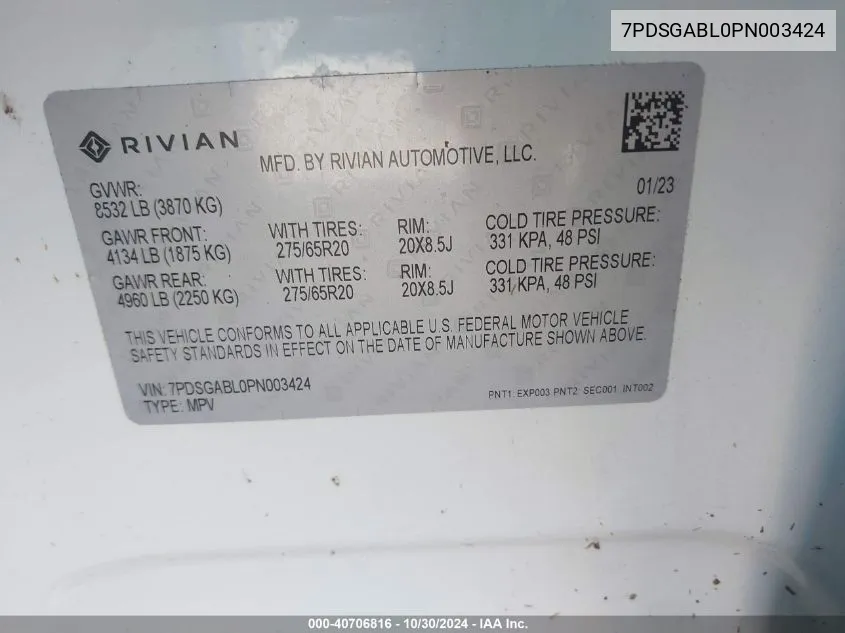 2023 Rivian R1S Launch Edition VIN: 7PDSGABL0PN003424 Lot: 40706816