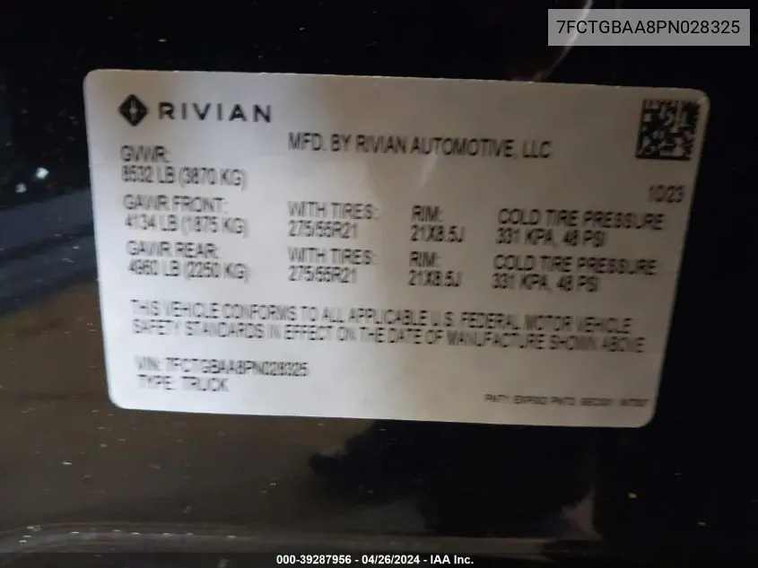 2023 Rivian R1T Adventure/Adventure Dual Motor Large Pack/Adventure Dual Motor Max Pack VIN: 7FCTGBAA8PN028325 Lot: 39287956