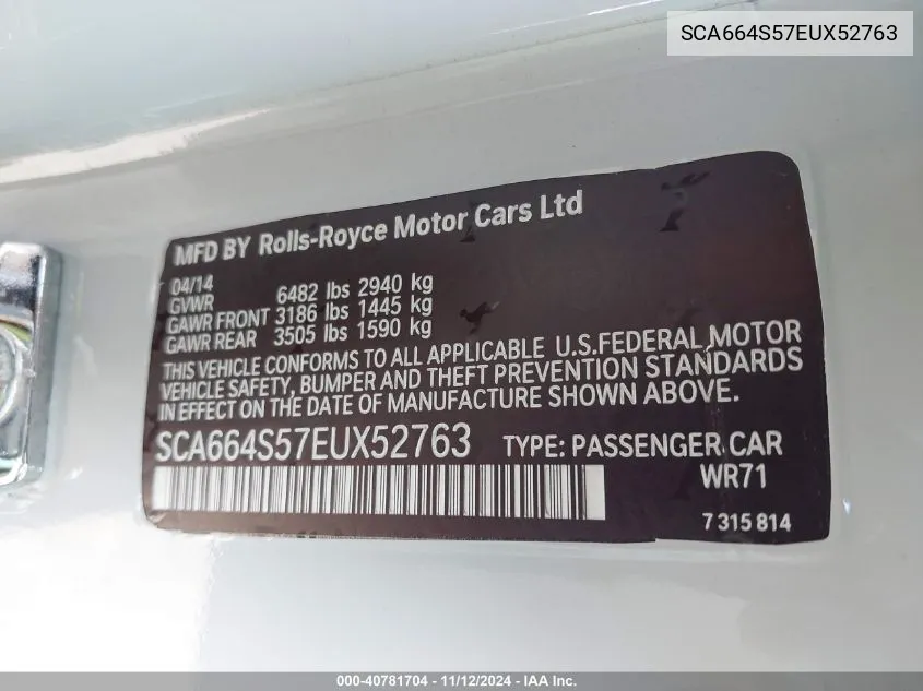 2014 Rolls-Royce Ghost VIN: SCA664S57EUX52763 Lot: 40781704