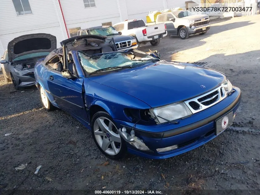 2002 Saab 9-3 Se VIN: YS3DF78K727003477 Lot: 40600119