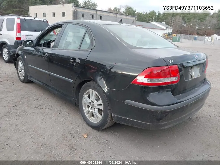 2007 Saab 9-3 2.0T VIN: YS3FD49Y371103652 Lot: 40809244