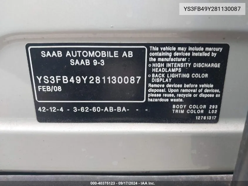 YS3FB49Y281130087 2008 Saab 9-3 2.0T