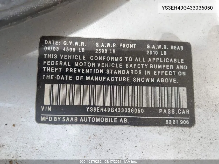 YS3EH49G433036050 2003 Saab 9-5 Aero