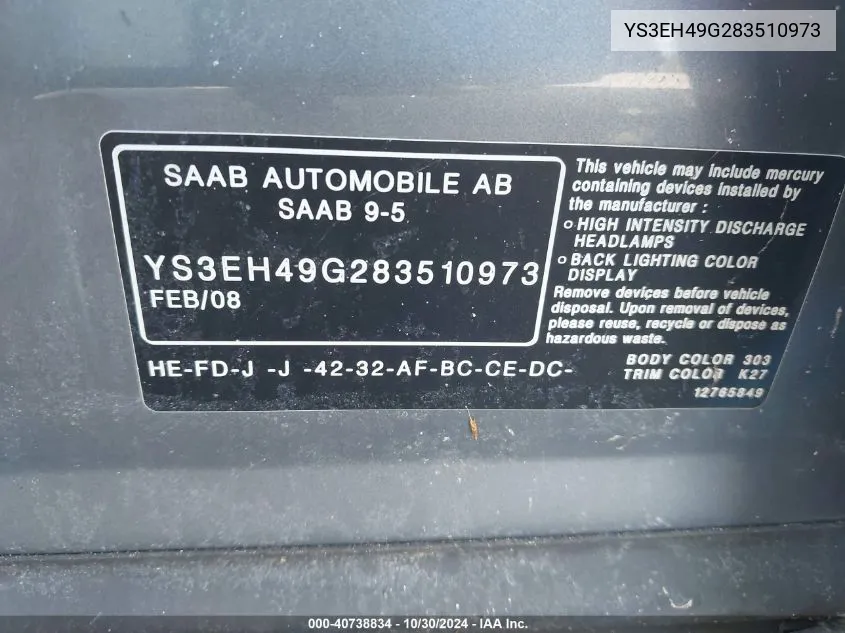 2008 Saab 9-5 Aero VIN: YS3EH49G283510973 Lot: 40738834