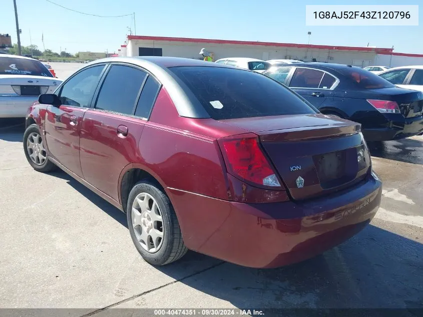 2003 Saturn Ion 2 VIN: 1G8AJ52F43Z120796 Lot: 40474351