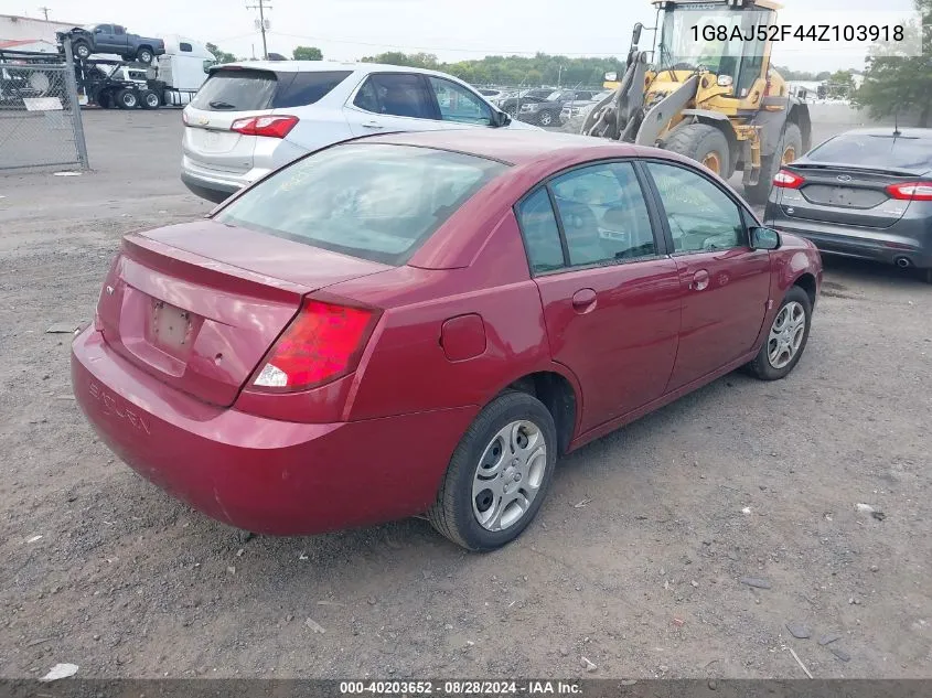 2004 Saturn Ion 2 VIN: 1G8AJ52F44Z103918 Lot: 40203652