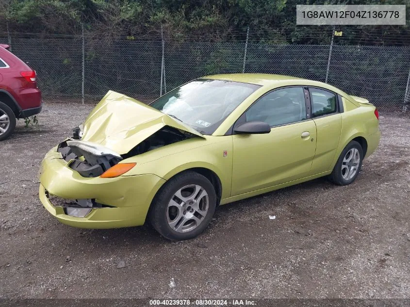 2004 Saturn Ion 3 VIN: 1G8AW12F04Z136778 Lot: 40239378