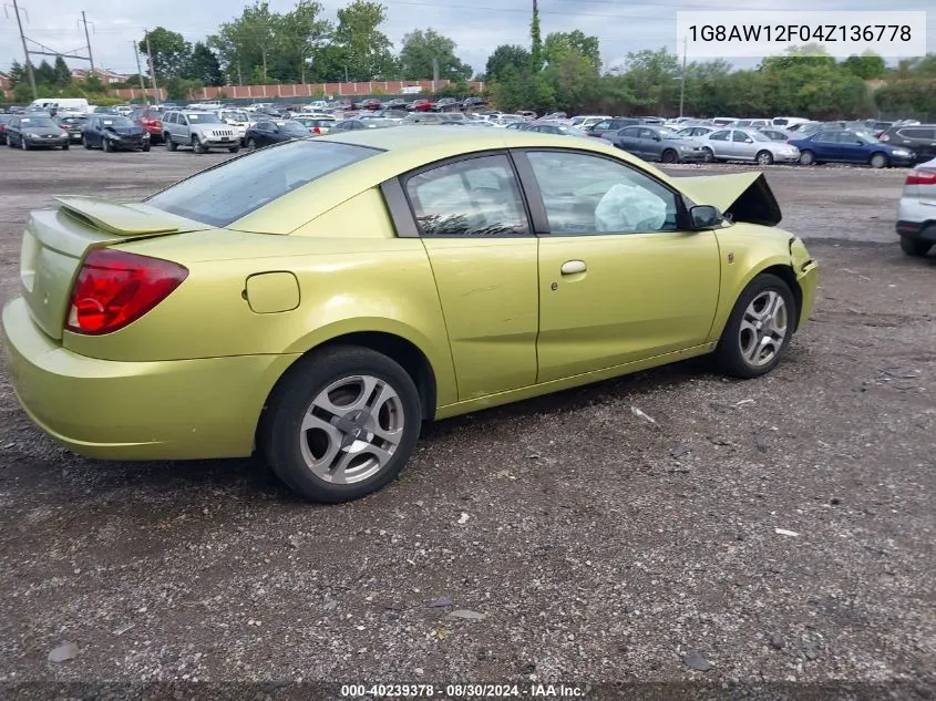 2004 Saturn Ion 3 VIN: 1G8AW12F04Z136778 Lot: 40239378