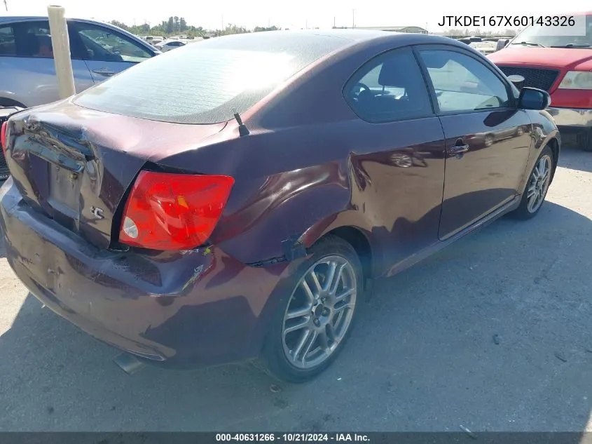 2006 Scion Tc VIN: JTKDE167X60143326 Lot: 40631266