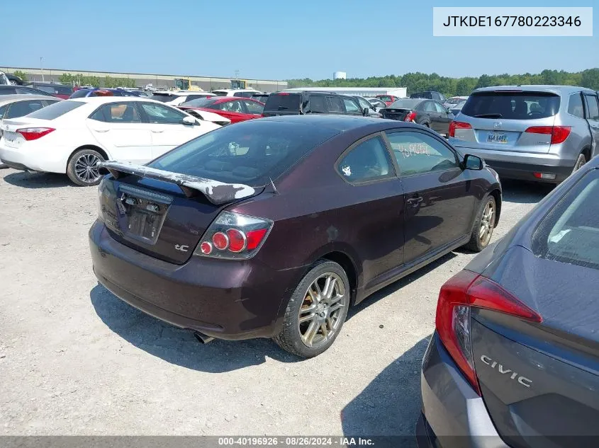 2008 Scion Tc VIN: JTKDE167780223346 Lot: 40196926