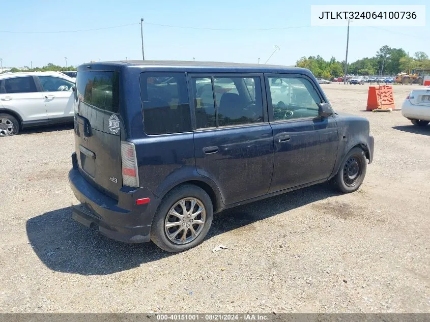 2006 Scion Xb VIN: JTLKT324064100736 Lot: 40151001