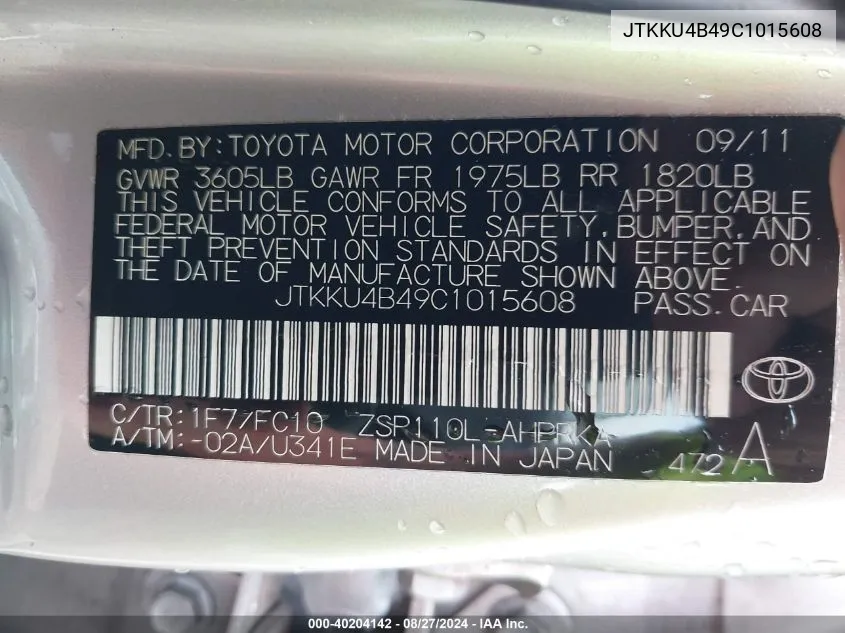 2012 Scion Xd VIN: JTKKU4B49C1015608 Lot: 40204142