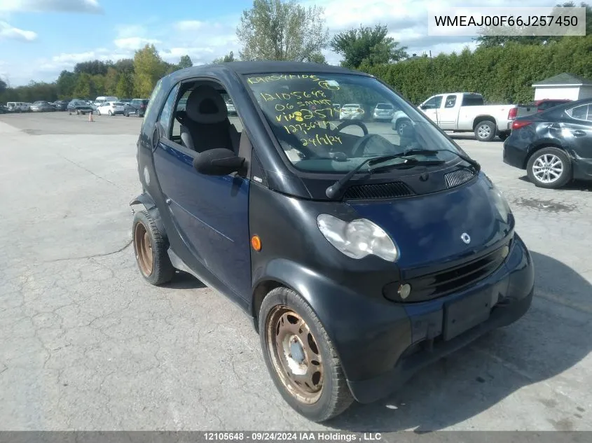 2006 Smart Fortwo VIN: WMEAJ00F66J257450 Lot: 12105648