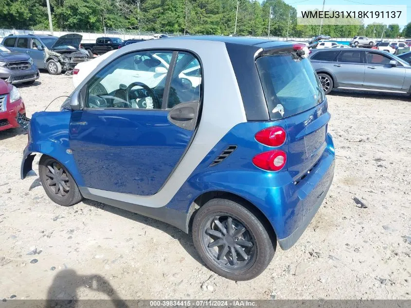 2008 Smart Fortwo Passion/Pure VIN: WMEEJ31X18K191137 Lot: 39834415