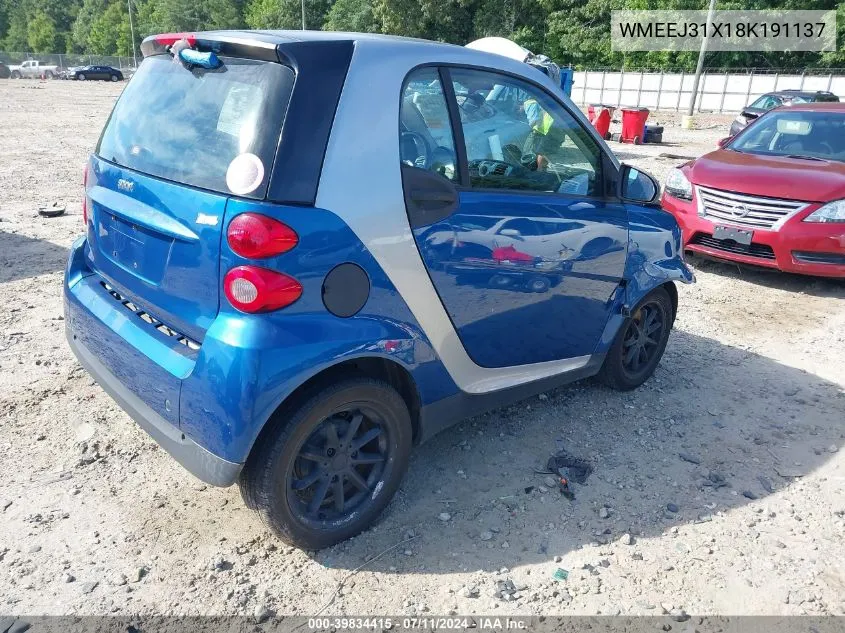 2008 Smart Fortwo Passion/Pure VIN: WMEEJ31X18K191137 Lot: 39834415