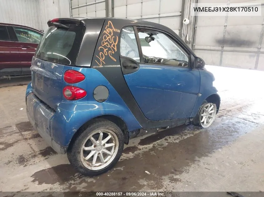 2008 Smart Fortwo Passion/Pure VIN: WMEEJ31X28K170510 Lot: 40288157