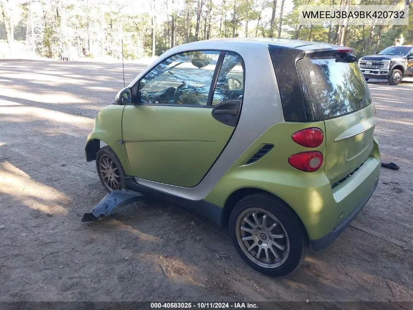 2011 Smart Fortwo Passion/Pure VIN: WMEEJ3BA9BK420732 Lot: 40583025