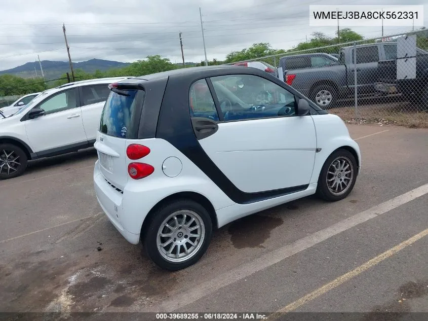 2012 Smart Fortwo Passion/Pure VIN: WMEEJ3BA8CK562331 Lot: 39689255