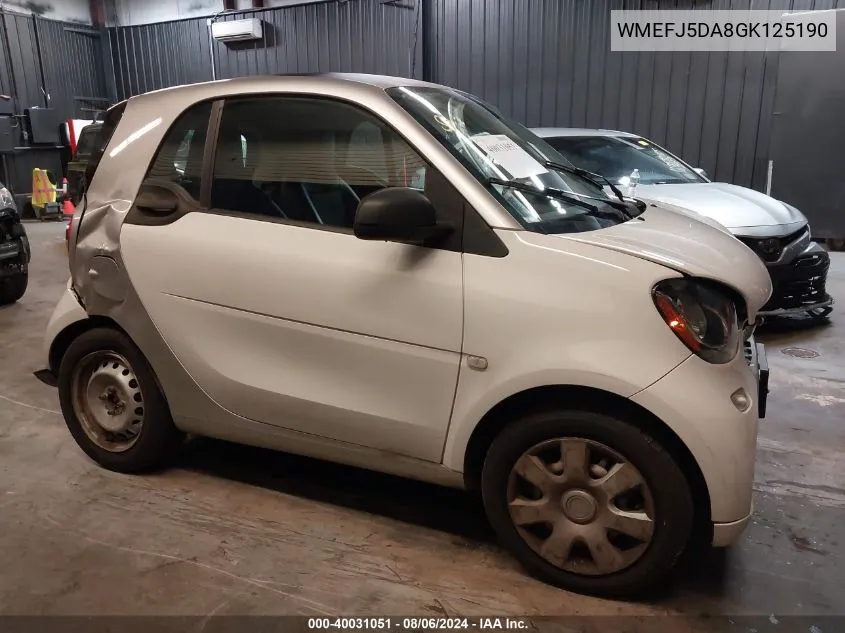 2016 Smart Fortwo Passion/Prime/Proxy/Pure VIN: WMEFJ5DA8GK125190 Lot: 40031051