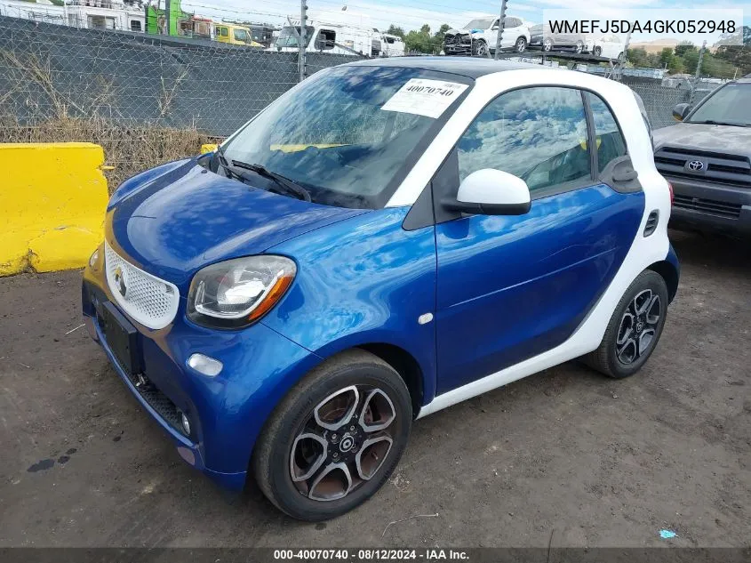 2016 Smart Fortwo Passion/Prime/Proxy/Pure VIN: WMEFJ5DA4GK052948 Lot: 40070740