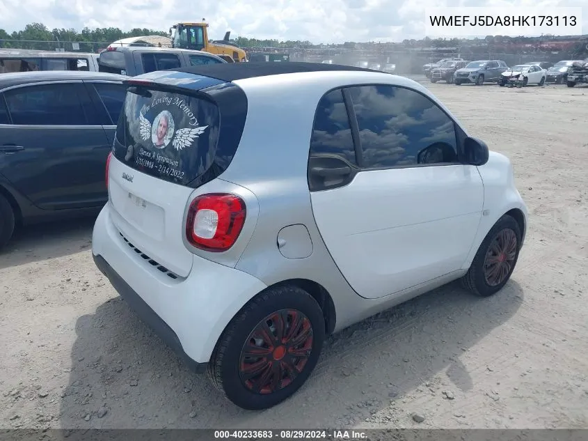 2017 Smart Fortwo Passion/Prime/Proxy/Pure VIN: WMEFJ5DA8HK173113 Lot: 40233683