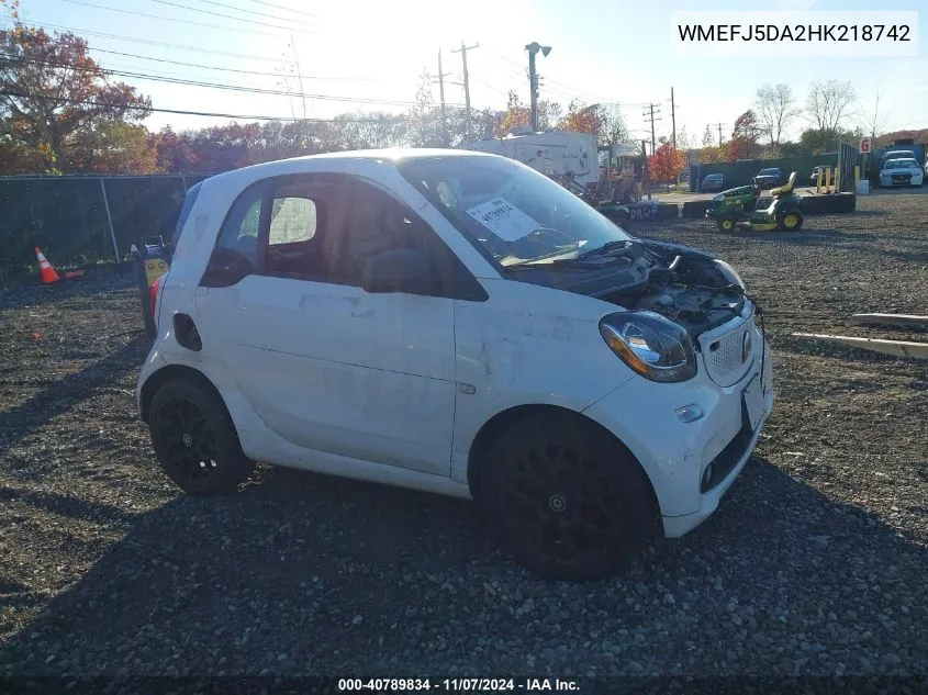 2017 Smart Fortwo Passion/Prime/Proxy/Pure VIN: WMEFJ5DA2HK218742 Lot: 40789834