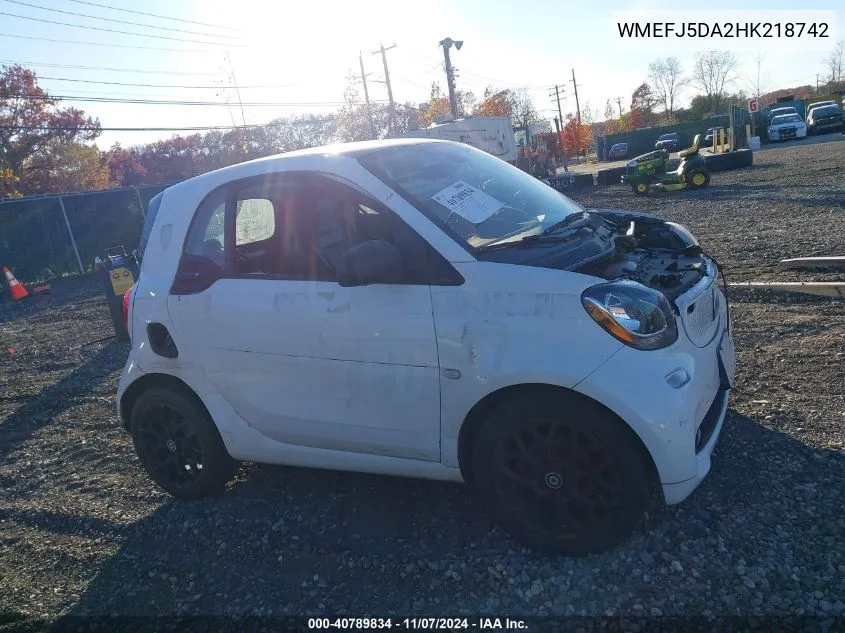 2017 Smart Fortwo Passion/Prime/Proxy/Pure VIN: WMEFJ5DA2HK218742 Lot: 40789834