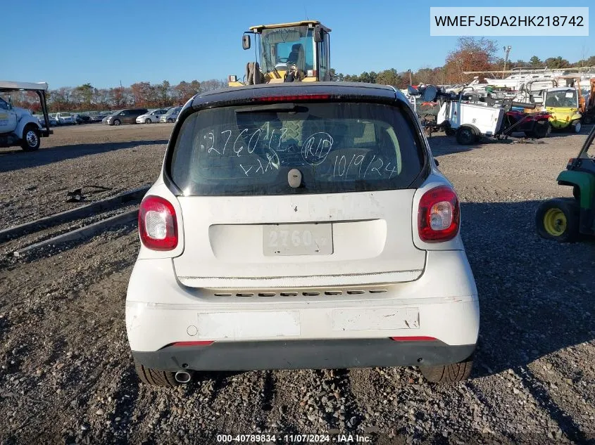 2017 Smart Fortwo Passion/Prime/Proxy/Pure VIN: WMEFJ5DA2HK218742 Lot: 40789834