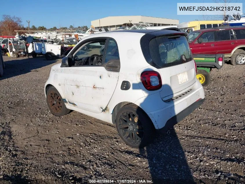 2017 Smart Fortwo Passion/Prime/Proxy/Pure VIN: WMEFJ5DA2HK218742 Lot: 40789834