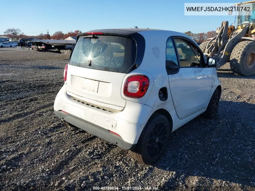 2017 Smart Fortwo Passion/Prime/Proxy/Pure VIN: WMEFJ5DA2HK218742 Lot: 40789834