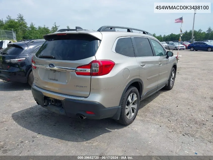 2019 Subaru Ascent Premium VIN: 4S4WMACD0K3438100 Lot: 39652720