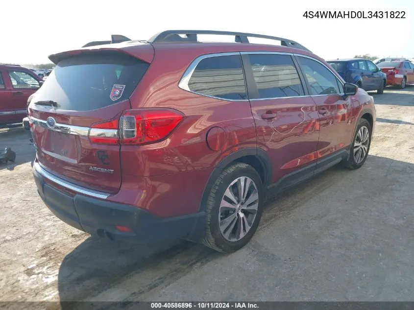 2020 Subaru Ascent Premium VIN: 4S4WMAHD0L3431822 Lot: 40586896