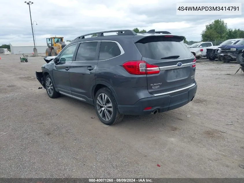 2021 Subaru Ascent Limited VIN: 4S4WMAPD3M3414791 Lot: 40071265