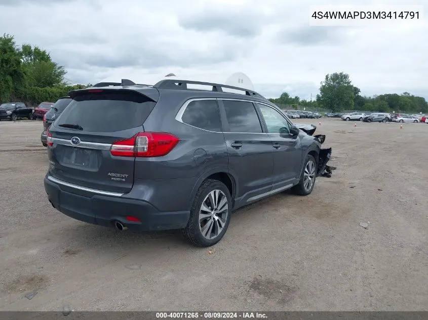 2021 Subaru Ascent Limited VIN: 4S4WMAPD3M3414791 Lot: 40071265